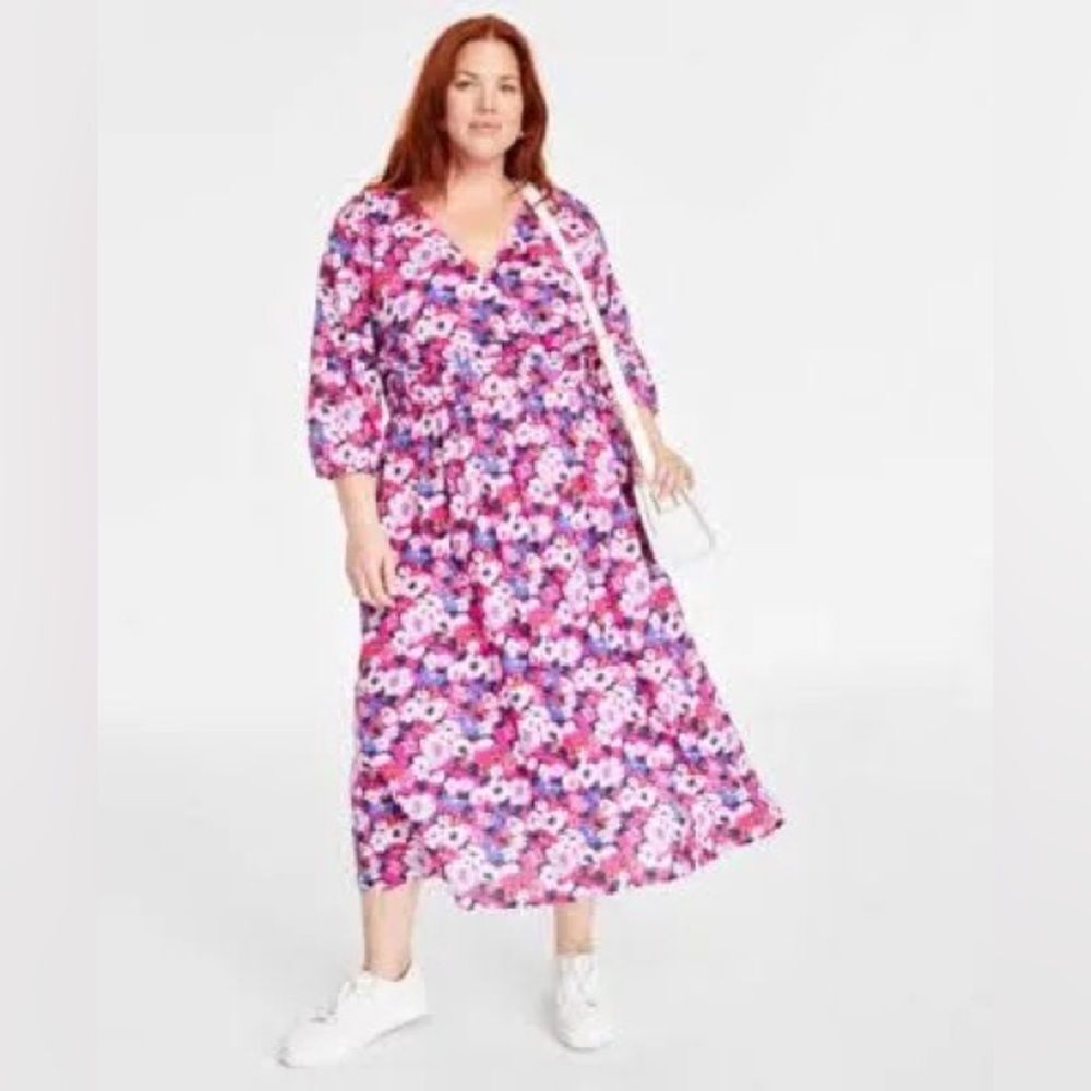 ON 34TH Pink and Blue Puff Sleeve Wrap‎ Midi Dress